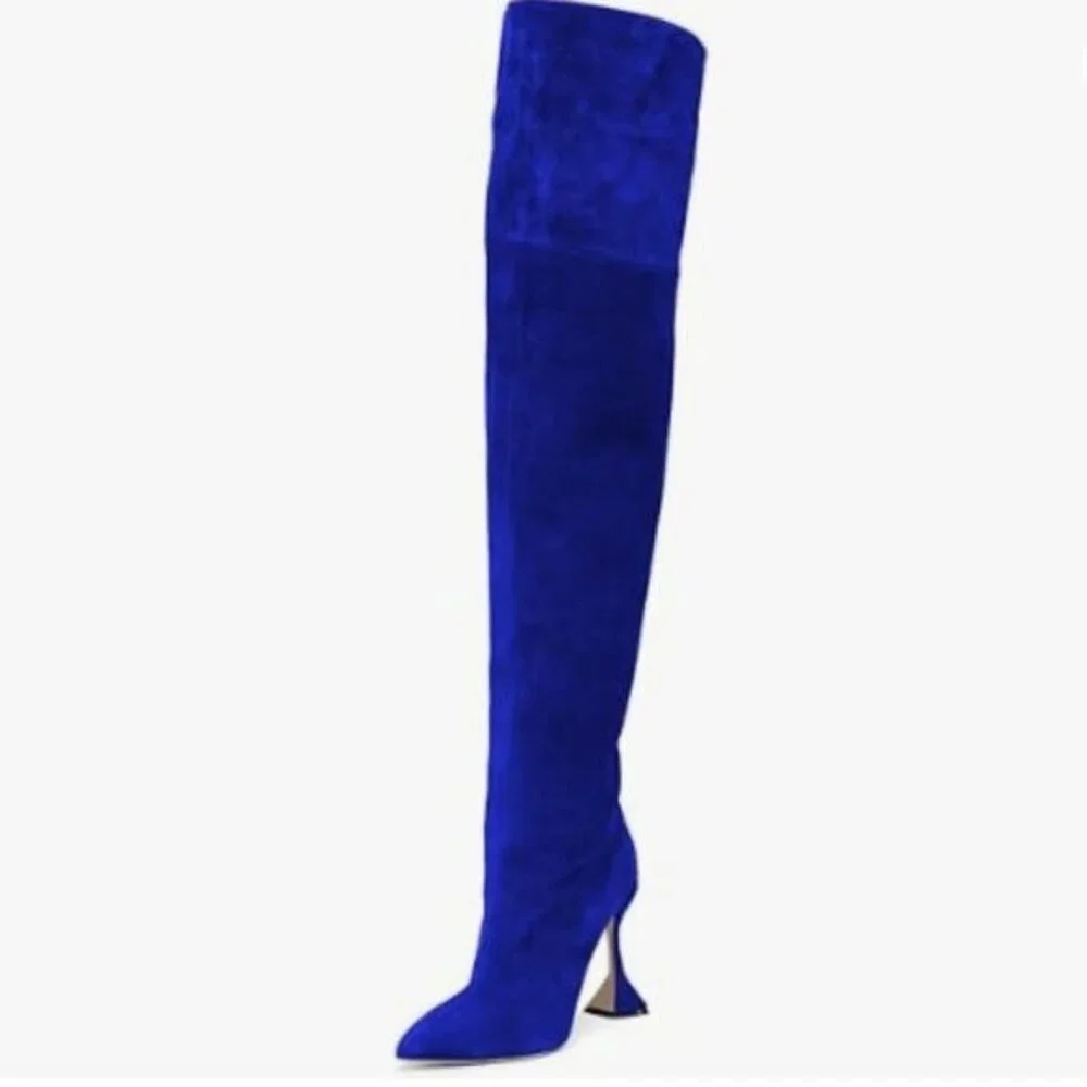 YDN Women Pointed Toe Over The Knee Boots ,Block High Heel Thigh High Boots Blue